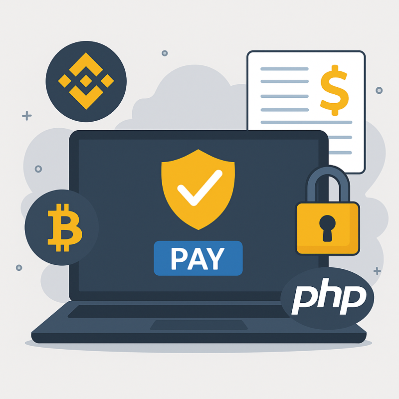 BinancePay Kripto Ödeme Güvenlik İllüstrasyonu P65.Net BinancePay ve PHP ile kripto ödeme güvenliğini simgeleyen bir laptop ekranı, kilit ve ödeme simgeleriyle birlikte.