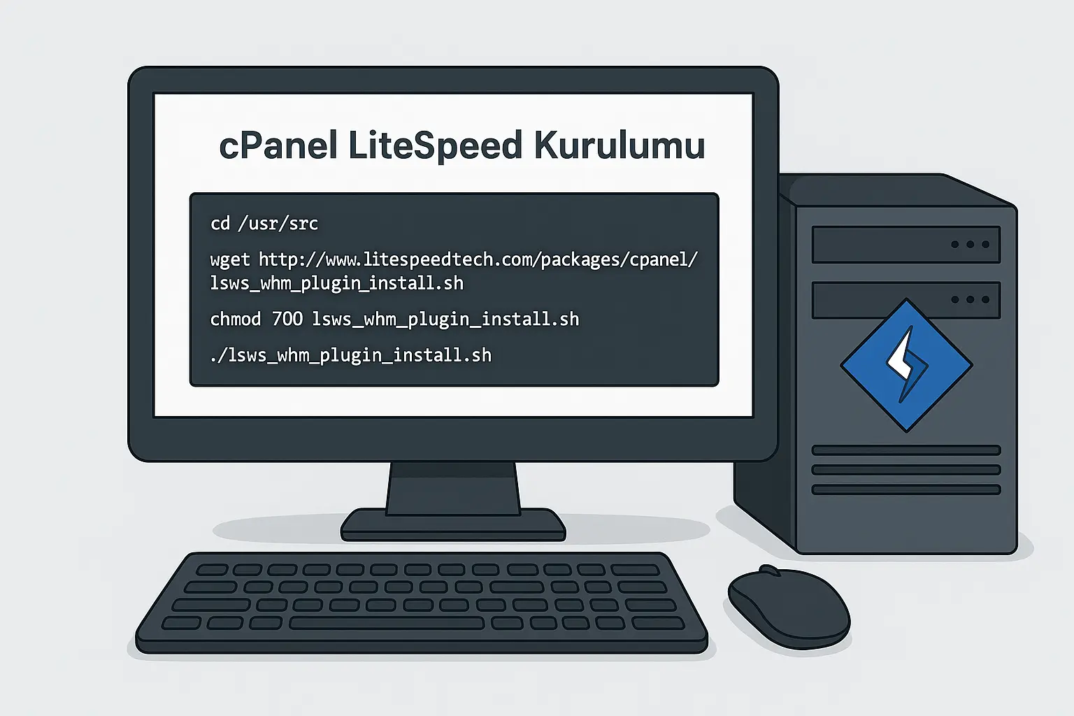 cPanel LiteSpeed Kurulum Komutları P65.Net Bilgisayar ekranında cPanel LiteSpeed kurulumu komutları ve LiteSpeed logosu bulunan bir sunucu.