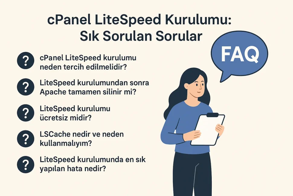 cPanel LiteSpeed Kurulumu: Sık Sorulan Sorular (FAQ) P65.Net cPanel LiteSpeed kurulumu hakkında sık sorulan soruları içeren illüstrasyon.