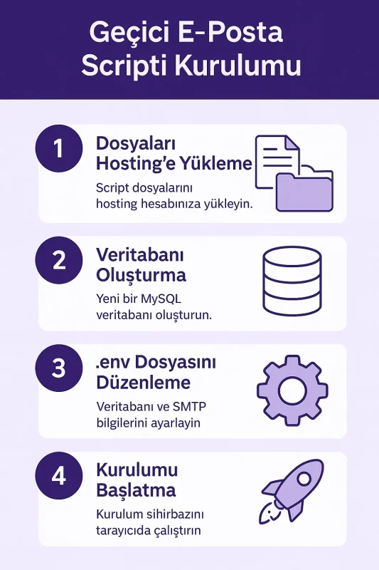 Geçici E-Posta Scripti Kurulum Rehberi 2025 P65.Net Geçici e-posta scripti kurulumu için 4 adımlı rehber – hosting yükleme, veritabanı oluşturma, .env dosyası düzenleme ve kurulumu başlatma