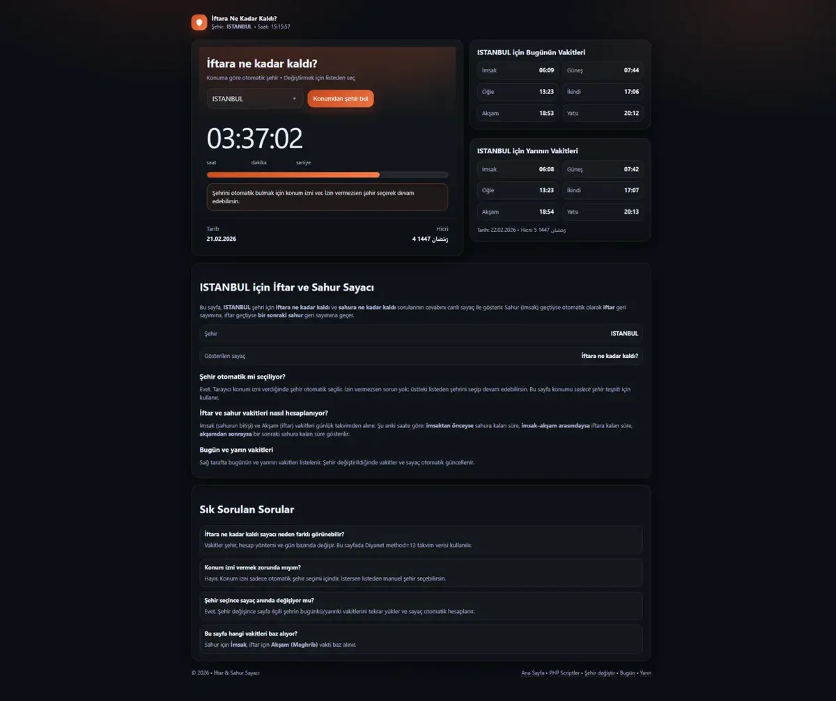 İftar Sayacı Scripti Ücretsiz – Canlı Geri Sayım 2026