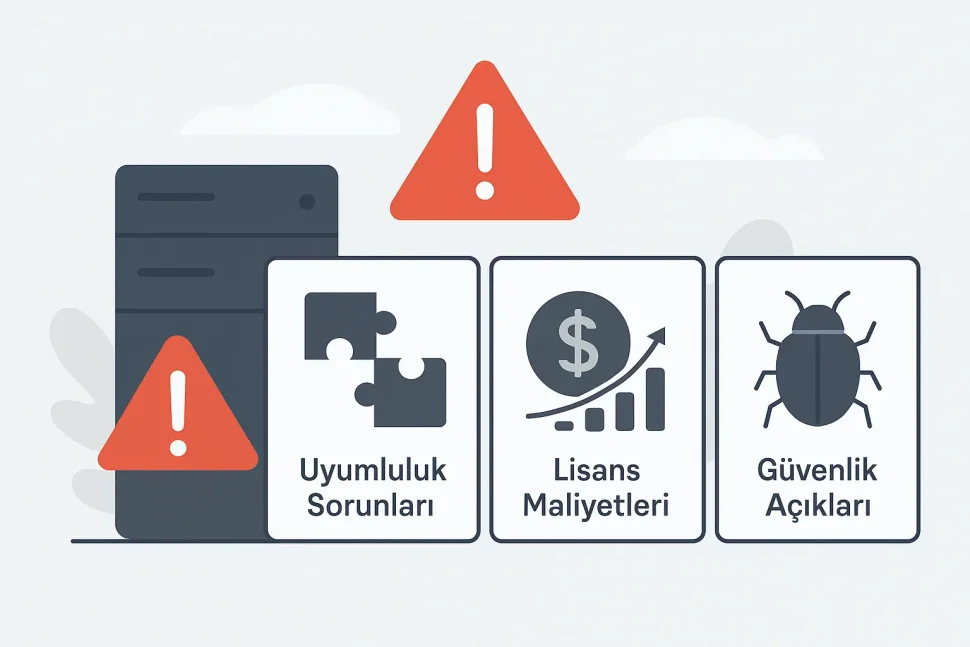 LiteSpeed Kurulumunda Dikkat Edilmesi Gereken Riskler P65.Net cPanel LiteSpeed kurulumunda karşılaşılabilecek uyumluluk, lisans maliyeti ve güvenlik sorunlarını temsil eden uyarı ikonları.