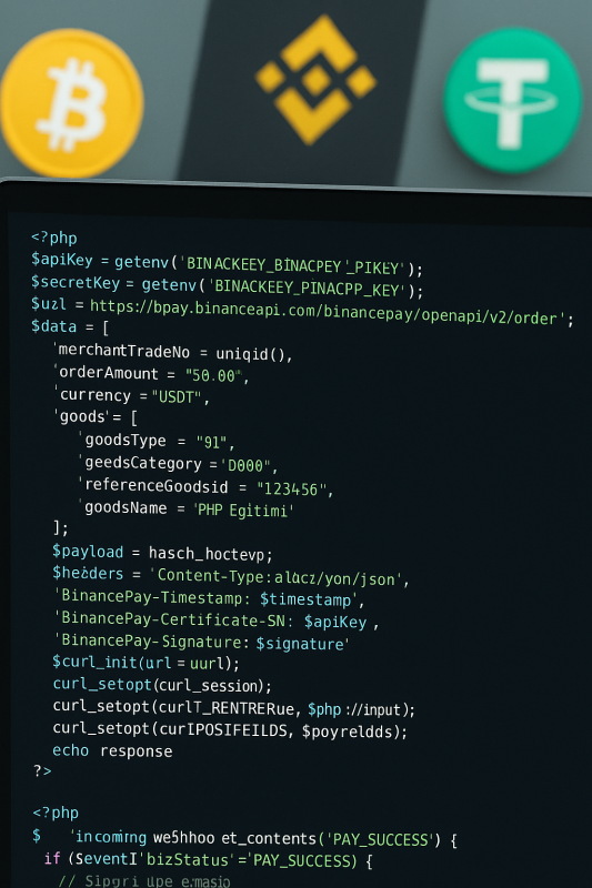 BinancePay API Entegrasyon Kod Görseli P65.Net PHP kod ekranında BinancePay API entegrasyonuna ait kod satırları, Bitcoin ve Tether logolarıyla birlikte gösteriliyor.