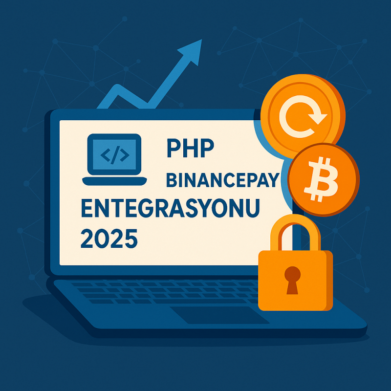 BinancePay 2025 Entegrasyon Trendleri Görseli P65.Net PHP ile BinancePay entegrasyonu 2025 trendlerini gösteren, Bitcoin ve güvenlik simgeleri içeren bir laptop illüstrasyonu.