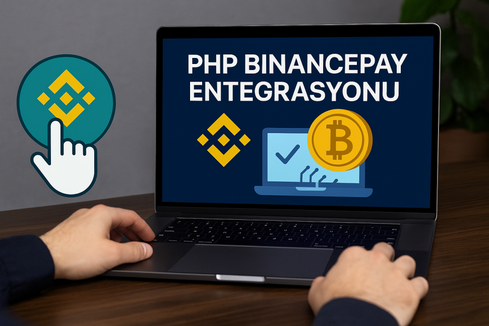 PHP BinancePay Entegrasyonu Görseli P65.Net inancePay entegrasyon ekranı açık bir dizüstü bilgisayar üzerinde, kripto ödeme simgeleriyle birlikte, PHP geliştiricisi tarafından inceleniyor.