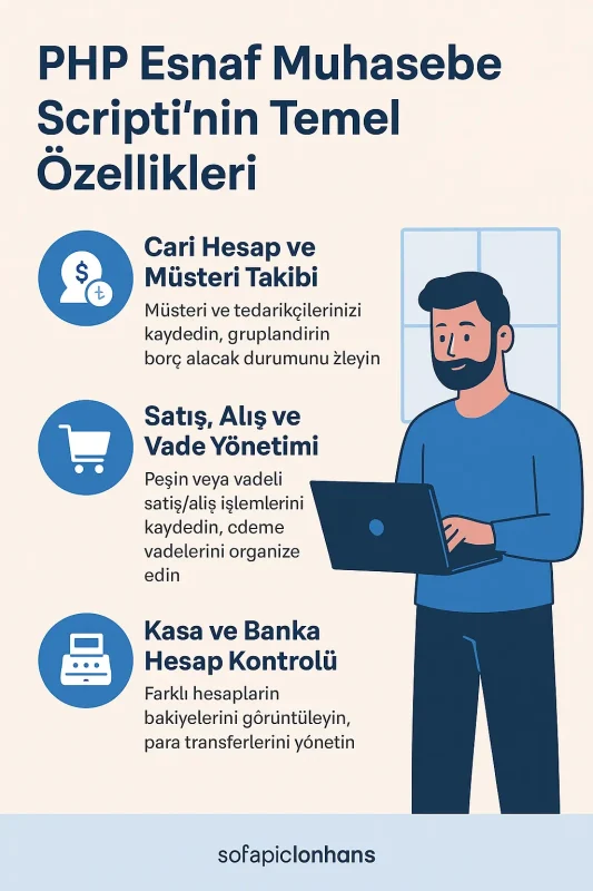 Muhasebe Scripti Temel Özellikler Infografiği P65.Net PHP Esnaf Muhasebe Scripti’nin cari hesap, satış-alış yönetimi ve kasa banka kontrol özelliklerini gösteren infografik